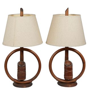 Pair of Mid-Century Bamboo and Oak Table Lamps, c. 1950, in the manner of Paul Frankle, H.- 18 in., W.- 14 in., D.- 7 1/2 in.