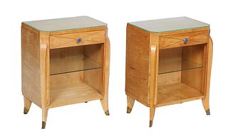 Pair of French Art Deco Louis XVI Style Carved Cherry Nightstands, 20th c., the canted corner top over frieze drawer above open storage, on square cab