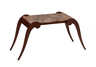 French Art Deco Marble Top Walnut Coffee Table, 20th c., the highly figured Breche d'Alps brown marble on four scrolled splayed legs, H.- 18 3/8 in., 