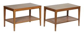 Pair of Carved Mahogany Mid-Century End Tables, 20th c., the rectangular top on tapered square legs joined by a caned lower shelf, H.- 20 in., W.- 30 