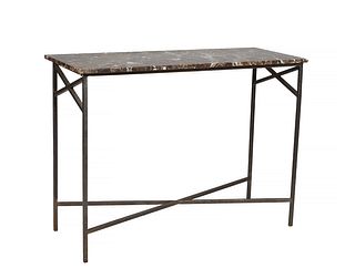 Wrought Iron Marble Top Console Table, 20th c., the rectangular highly figured brown marble on a square wrought iron base joined by X-form stretchers,