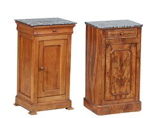 Near Pair of Louis Philippe Carved Walnut Marble Top Nightstands, 19th c., one with a canted corner highly gray marble over a frieze drawer and a long