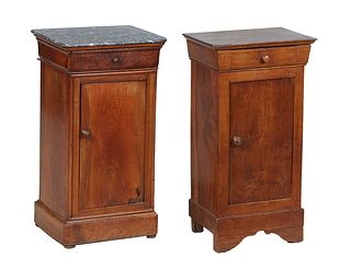 Two French Provincial Louis Philippe Nightstands, 19th c., one with a rounded corner highly figured gray marble top over a wide frieze drawer and a cu