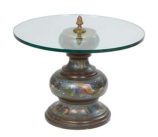 Unusual Chinese Cloisonne Glass Top Cocktail Table, 20th c., the thick circular top on a baluster cloisonne base with dragon decoration, H.- 21 in., D