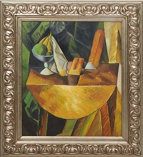 After Pablo Picasso (Spain, 1881-1973), "Bread and Fruit Dish on a Table," 20th c., original painting circa 1909, oil on canvas, unsigned, presented i