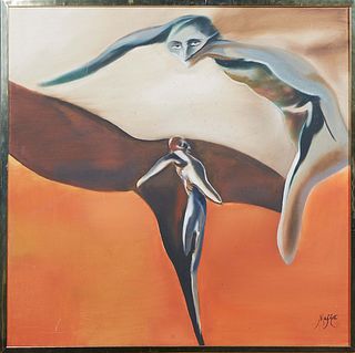 Mejica, "Untitled Abstracted Figure in Orange and Grey," 20th c., oil on canvas, signed "Mejica" or "Mujica" bottom right, presented in a plastic silv