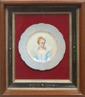 Hand-Painted Porcelain Portrait Plate, 19th c., probably Queen Louise of Prussia, signed indistinctly lower proper left, presented in a period ebonize