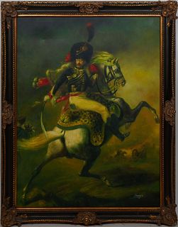 After Théodore Gericault (France, 1791-1824), "The Charging Chasseur," 20th c., oil on canvas, signed "Zhengyu" lower right, presented in a gilt and e