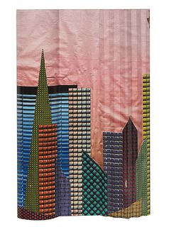 Rusty Wolfe (American), "Cityscape," 1998, lacquer on fiberboard, unsigned, titled and dated on artist label en verso, H.- 28 1/8 in., W.- 18 in., D.-