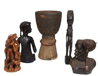Group of Six African Carved Wood Items, 20th c., consisting of a flute player; a polychromed mask wall hanging; a profile figure of a native; a female