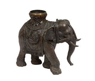 Oriental Patinated Bronze Elephant Form Incense Burner, early 20th c., with relief dragon decoration, H.- 14 in., W.- 15 1/2 in., D.- 8 in.