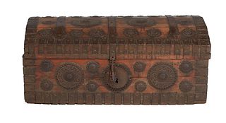 Diminutive Provincial French Iron and Pine Domed Trunk, 19th c., with iron strapping and medallions, the side with folding iron handles, H.- 13 1/2 in