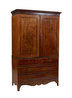 English Victorian Inlaid Mahogany Linen Press, 19th c., the ogee crown open double doors opening to five sliding drawers, on an inlaid base with two f