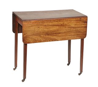 English Carved Mahogany Hepplewhite Style Demilune Side Table, late 19th c., the rounded edge leaves over a wide skirt, on tapered square legs on cast