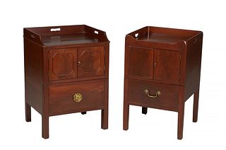 Near Pair of Chippendale Style Carved Mahogany Beau Brummels Nightstands, 19th c., with galleried tray tops above double cupboard doors, over a pull o