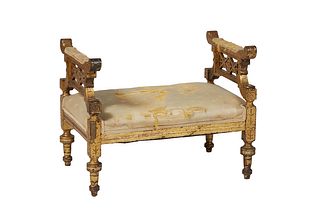 American Gilt Hall Seat, c. 1870, the upward curved arms over pierced X-form panels, on square supports, on turned tapered legs, in period Napoleonic 