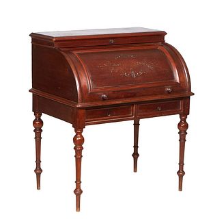 French Louis Philippe Carved Walnut Cylinder Desk, 19th c., the stepped rounded corner rectangular top over an incise carved cylinder, opening to an i