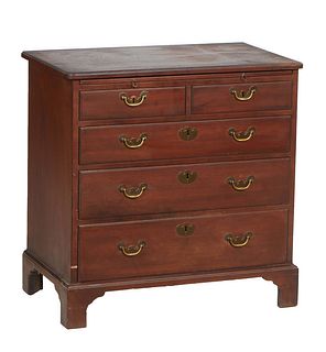 Diminutive Carved Mahogany Georgian Style Chest, 20th c., with a foil label for Suniland Furniture Co., Houston, the stepped rounded corner top over t