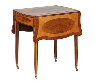 Inlaid and Banded Walnut Demilune Table, late 19th c., the sliding games center over an inlaid backgammon board, over serpentine drop leaves on inlaid