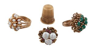 Group of Four Pieces of Gold, consisting of an 18K yellow gold thimble, and three Lady's 14K yellow gold dinner rings, one of freshwater pearls and ga