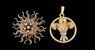 Mardi Gras- a Krewe Favors, in the form of a fleur-de lis Comus pendant, 1973; together with an 18K yellow gold seed pearl sunburst brooch, Brooch- Di