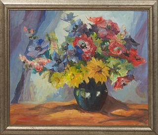 Margaret Henriques Jahncke (New Orleans/Newcomb School, 1910-1981), "Floral Still Life," 20th c., oil on canvas board, signed en verso, presented in a
