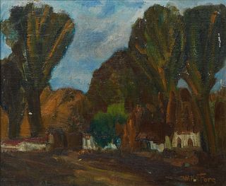 W. NeForg, "Countryside Scene," oil on panel, signed lower right, presented in a wood frame, H.- 16 1/8 in., W.- 19 9/16 in., Framed H.- 18 1/4 in., W