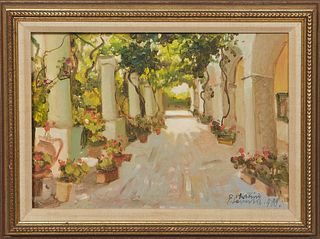 Antonio P. Laverne, "Arbor Trellis," 1988, oil on canvas, signed and dated lower right, presented in a gilt frame, H.- 9 1/4 in., W.- 13 1/4 in., Fram