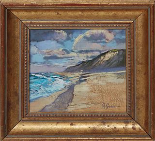 Geoffrey Smith (1945-, British), "Dune Shadows," oil on board, signed lower right, titled and signed en verso, presented in a gilt frame, H.- 5 3/4 in