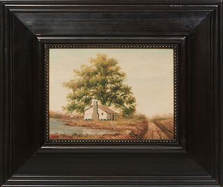 Louisiana School, "Country Road Cottage," 20th, oil on canvas, signed illegibly lower right, presented in an ebonized frame, H.- 11 1/2 in., W.- 15 5/