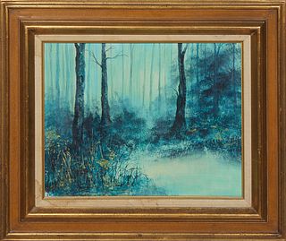 Adelle Badeaux (Louisiana, 1939-2010), "Misty Morning," c. 1977 acrylic on canvas, titled, dated and signed en verso, with an artist business card and