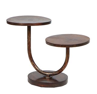 French Art Deco Walnut and Iron Double Pedestal Side Table, c. 1940, the two circular tops staggered on iron supports to a circular walnut base, H.- 2