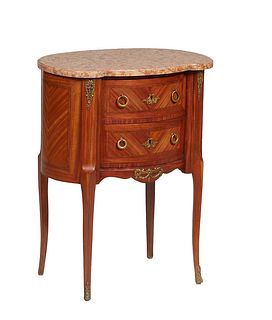 French Louis XV Style Ormolu Mounted Cherry Marble Top Nightstand, 20th c., the ogee edge brown kidney shaped marble over a bank of two bowed drawers 