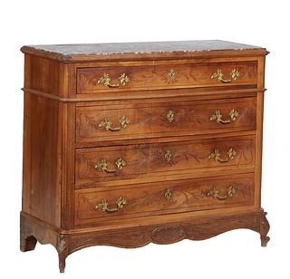 French Louis XV Style Carved Walnut Marble Top Commode, 19th c., the inset highly figured brown marble over a frieze drawer and three deep drawers, fl