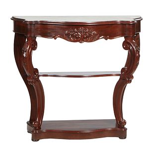 French Carved Walnut Marble Top Bowfront Console Table, c. 1870, the inset figured white marble over a conforming frieze drawer, flanked by double scr