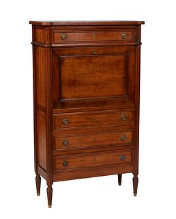 French Carved Walnut Louis XVI Style Secretary Abattant, early 20th c., the ogee edge cookie corner top over a setback frieze drawer, and a fall front