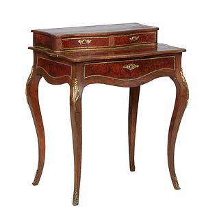 French Inlaid Ormolu Mounted Louis XV Stryle Carved Walnut Secretary, c. 1900, the serpentine ormolu mounted upper section with two frieze drawers, at