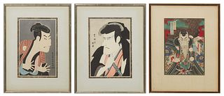 Three Japanese Woodblock Prints, after Utagawa Kunisada (Japan, 1786-1864), "Kabuki Actors," colored woodblock prints, two presented in silvered frame