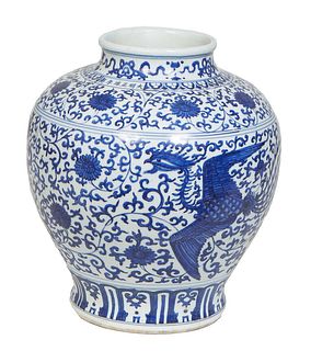 Large Chinese Blue and White Porcelain Baluster Vase, with floral and Phoenix bird decoration, H.- 16 1/2 in., Dia.- 14 1/2 in.