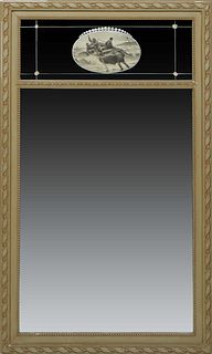 French Polychromed Gesso Trumeau Style Mirror, 20th c., the twist carved frame over an upper eglomise panel with an oval medallion of a boat in rough 