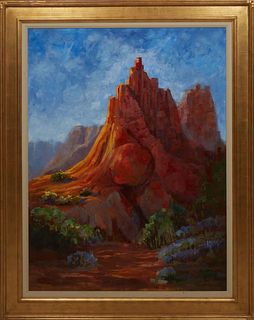 Lynn Clark (Louisiana), "Desert Landscape," 20th c., oil on canvas, unsigned, presented in a linen lined gilt frame, H.- 39 1/2 in., W.- 29 1/2 in., F