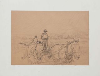 Leal Mack (American/New Mexico, 1892-1962), "Men Driving Horse Team," 20th c., pencil on paper, unsigned, gallery label en verso, unframed, H.- 7 1/2 