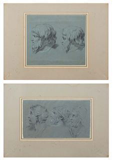 In the Manner of Christophe George Matthes (German, 1738-1805), "Pair of Head Studies," 19th c., charcoal on grey paper, unsigned, unframed, presented