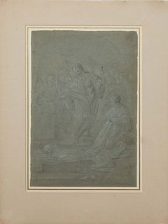 German School, "The Raising of Lazarus," 19th c., charcoal on grey paper, unsigned, unframed, presented in a protective mat and plastic sleeve, H.- 17