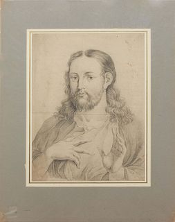 German School, "Portrait of Christ Study," 19th c., charcoal on paper, unsigned, with an information label attached en verso, presented in a grey mat 