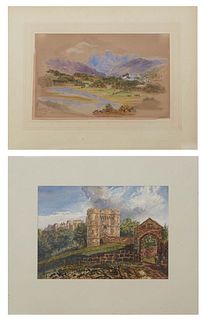 British School, "The Langdale Pikes and Elter Water," and "Isle of Wight, Carisbrooke Castle," early 20th c., pair of watercolors on paper, unsigned, 