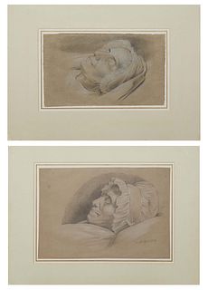 German School, "Two Death Bed Studies," c. 1814, pair of charcoal drawings, one dated and possibly signed indistinctly lower right, both presented in 