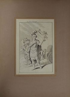 German School, "Mars, the God of War," late 18th c., grey wash on paper, inscribed on top "Der Gott Des Krieges," with a label about the piece en vers