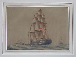 H.J.A., "H.M.S. Powerful," 19th c., gouache on paper, initialed and dated indistinctly lower left, possibly by H.J. Alkins (English), with an inscript
