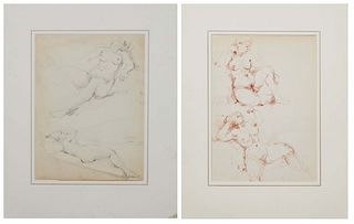 Ota Grigar (Czechoslovakia, 1910-), "Pair of Female Nude Sketches," early 20th c., ink and watercolor on paper, both with a hand written note about th